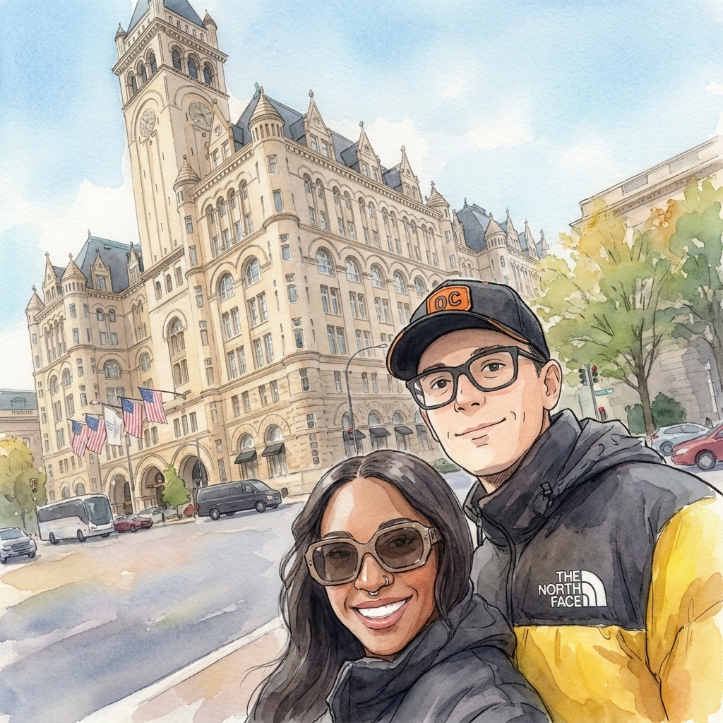 Page 007: the old post office, late afternoon, in matching jackets we had not planned on matching — yellow puffer, pink hat, two strangers' building behind us.
