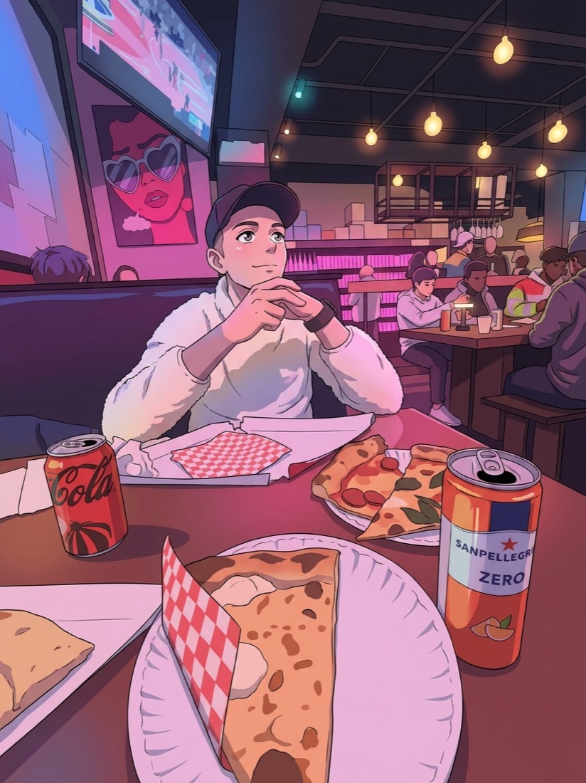 Pizza booth · Saturday night, drawn in the Anime style.
