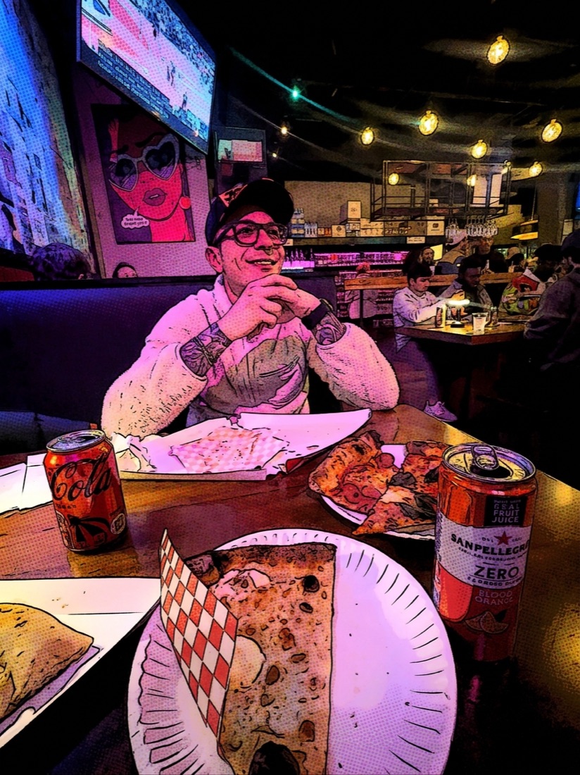 Pizza booth · Saturday night, drawn in the Comic book style.