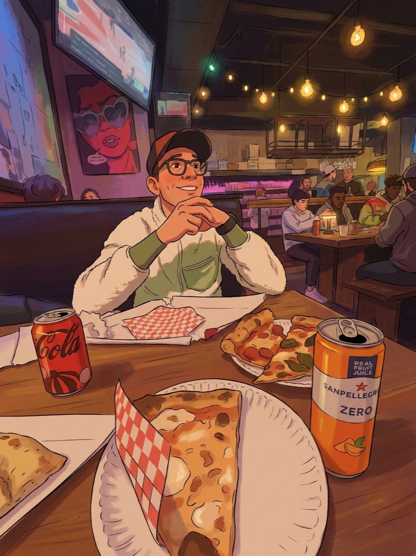 Pizza booth · Saturday night, drawn in the Disney classic style.