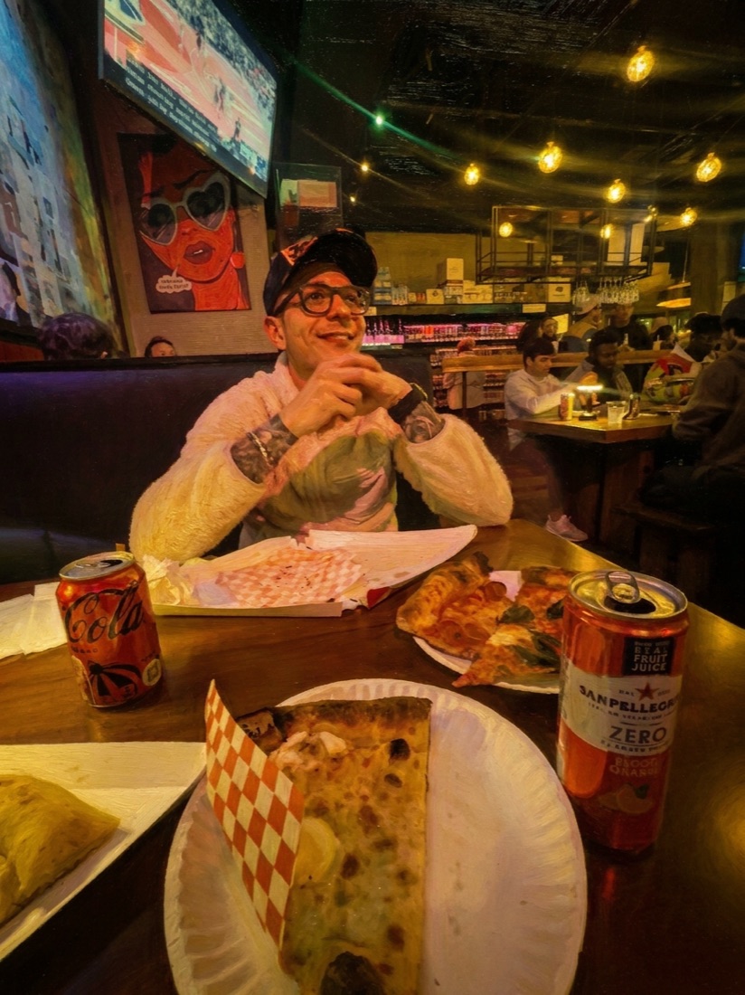 Pizza booth · Saturday night, drawn in the Oil painting style.