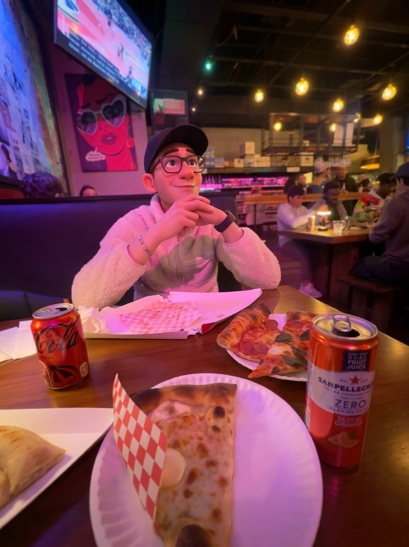 Pizza booth · Saturday night, drawn in the Pixar 3D style.