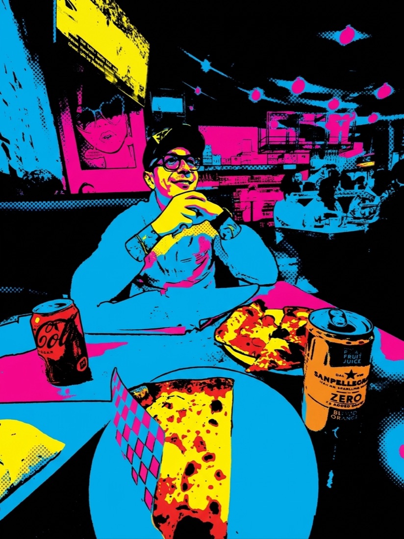 Pizza booth · Saturday night, drawn in the Pop art style.