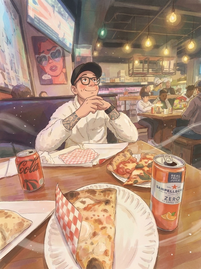 Pizza booth · Saturday night, drawn in the Studio Ghibli style.