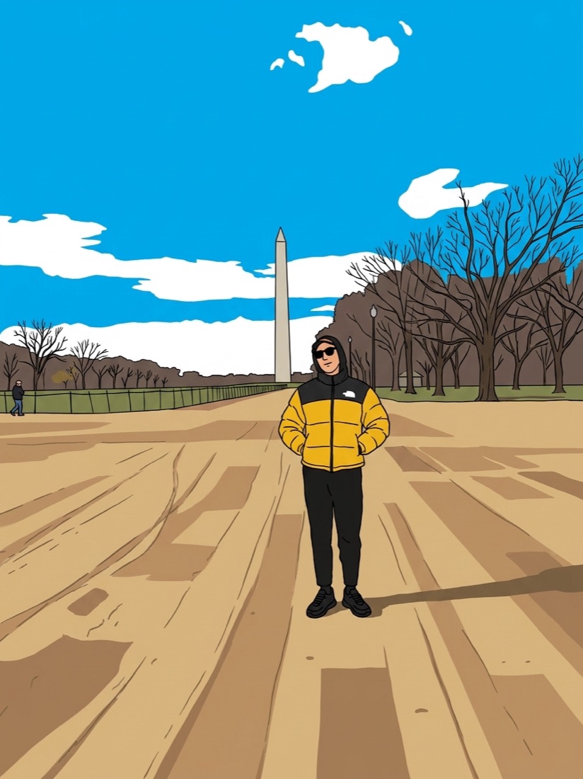 Behind the metro · Sunday afternoon, drawn in the Ligne claire style.